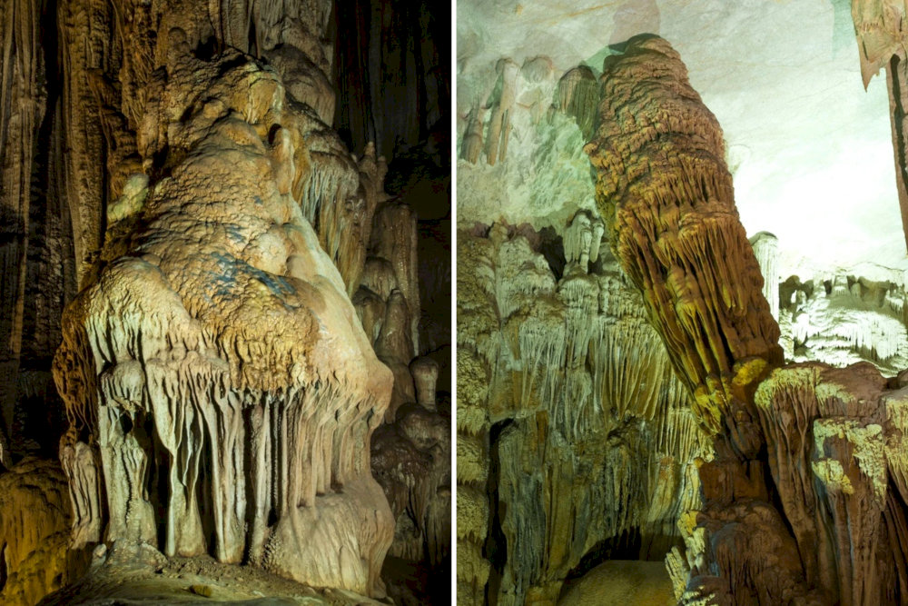 Visitors are prohibited from touching the stalactites because even minimal contact can harm their fragile surface 